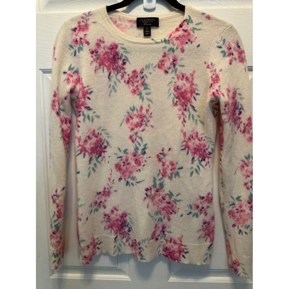 Charter Club Luxury 100% Cashmere Cream Crewneck Sweater Pink Floral Print Sm